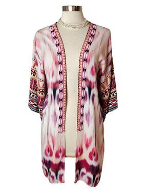 Hale Bob XS Open Front Kimono Boho Pink Multi Oversized Tribal Lightweight Layer